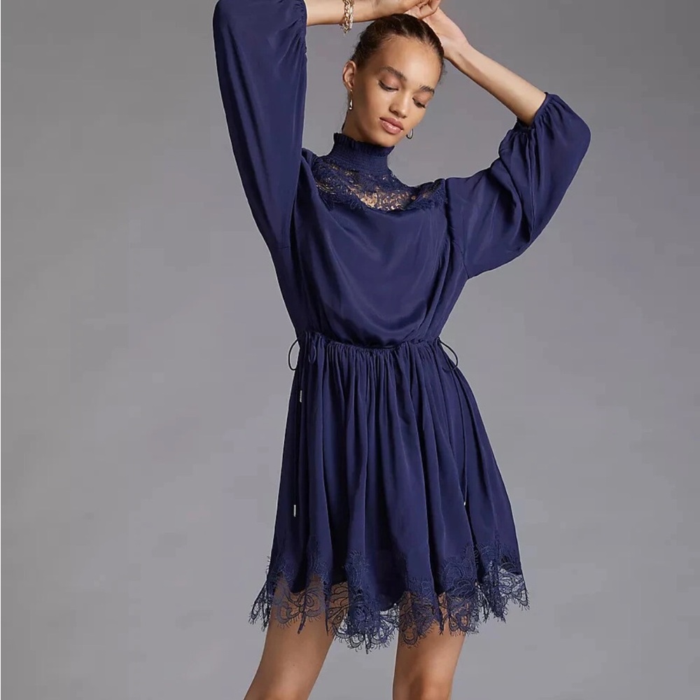 Anthropologie Magali Pascal Clemence Navy Blue Silk Lace Mock Neck Mini Dress XS